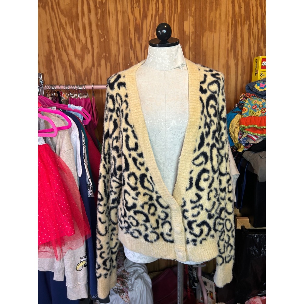 For Love & Lemons Leopard Print Fuzzy Cardigan Sweater Yellow Black Defect XL - Picture 2 of 11